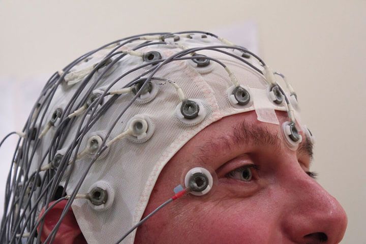 A person wearing an EEG cap