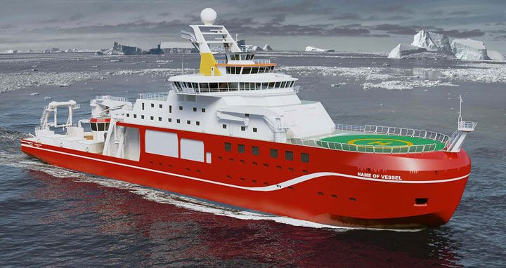 Illustration of a red polar research vessel with "NAME OF VESSEL" on its hull, sailing near icebergs