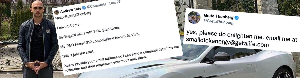 A composite image of a man standing beside a sports car, overlaid with screenshots of the Andrew Tate and Greta Thunberg tweets that inspired the study