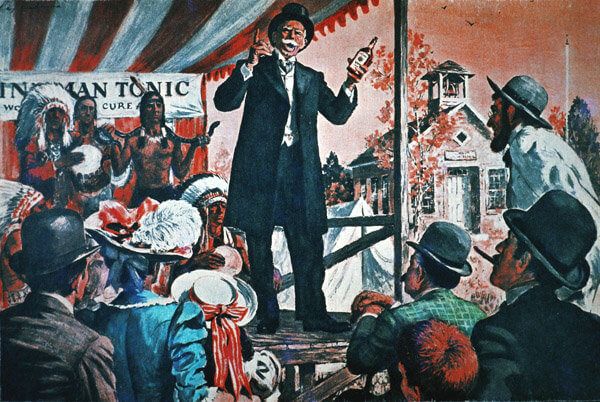 Vintage painting of a salesman pitching tonic from a stage