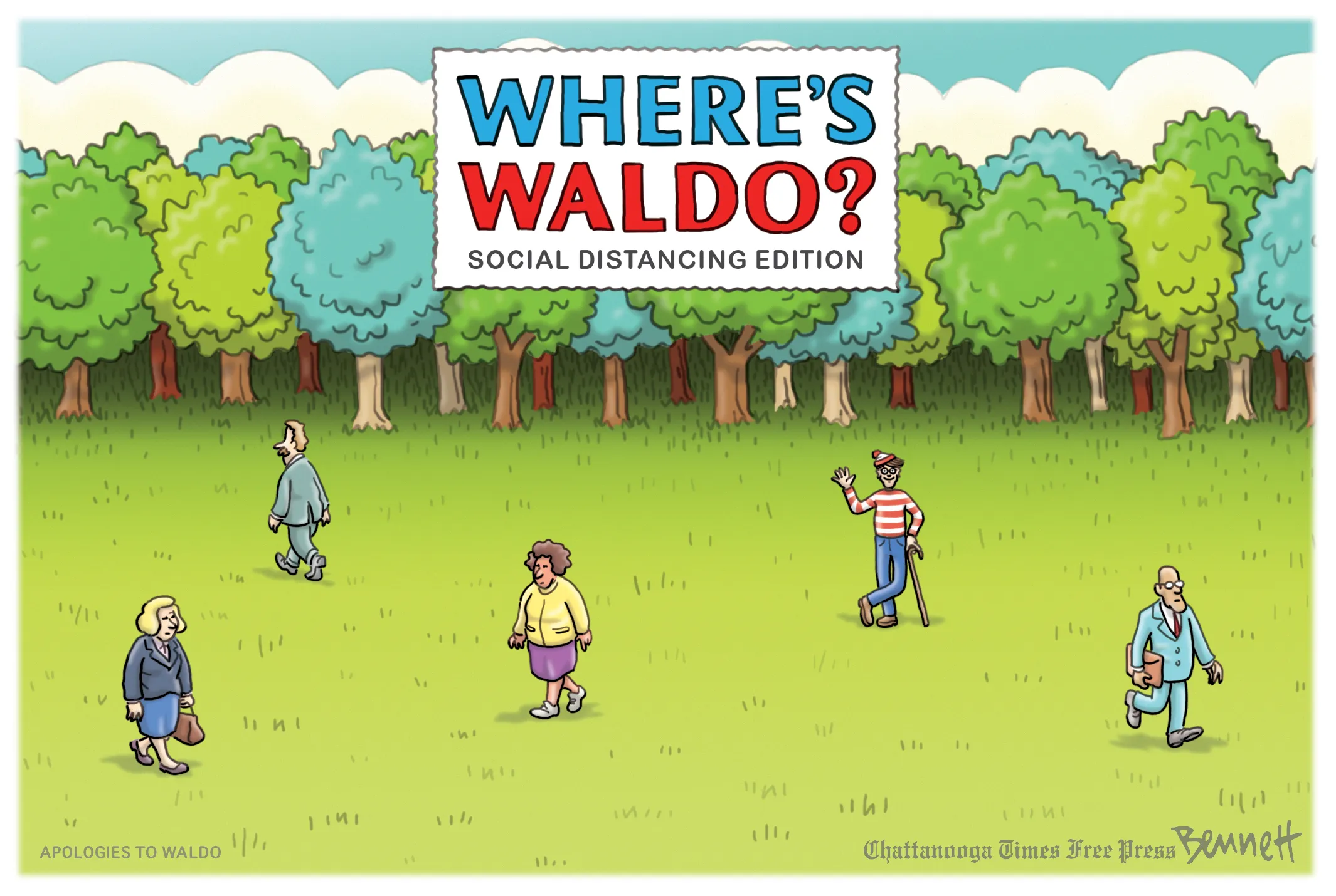 Where’s Waldo? Social Distancing Edition cartoon, showing Waldo standing alone two metres from a crowd